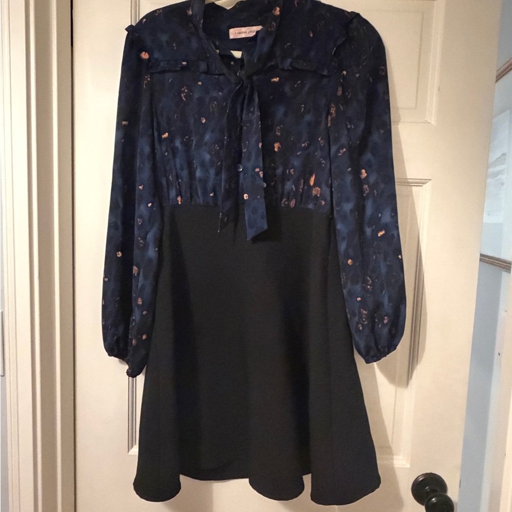 Navy Blue and Black Tie-Neck Dress